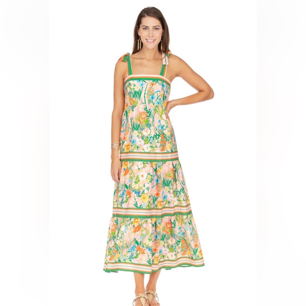 Jade Melody Tam Toe Shoulder Garden Border Tiered Maxi Dress Size XS